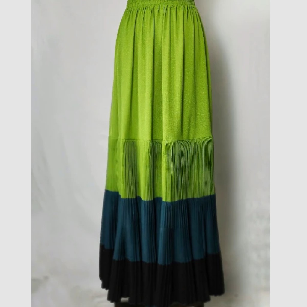 Falda plisada larga verde y negra – moda nuosu en algodón