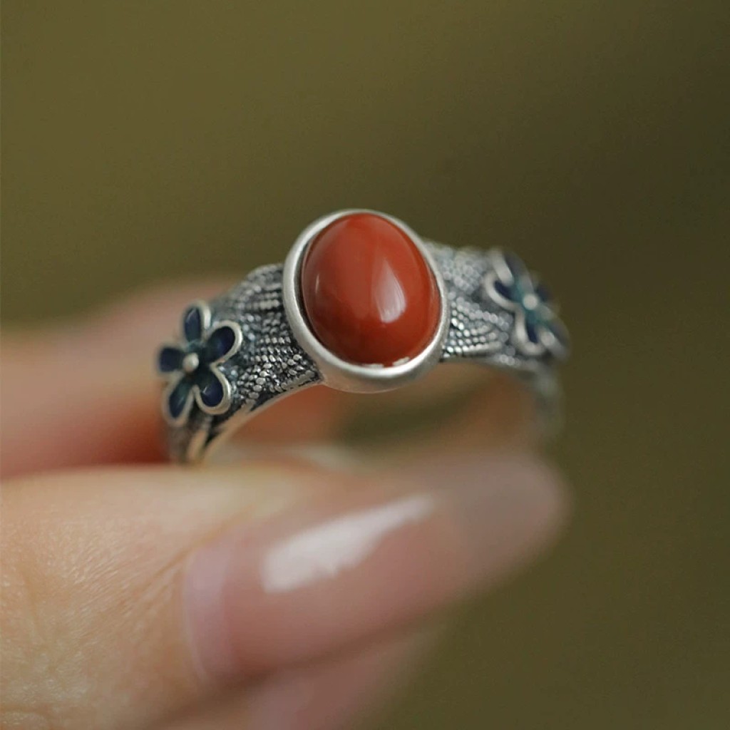 Anillo tibetano inspirado en coral rojo flor esmaltada estilo antiguo Tibet Plaza 1