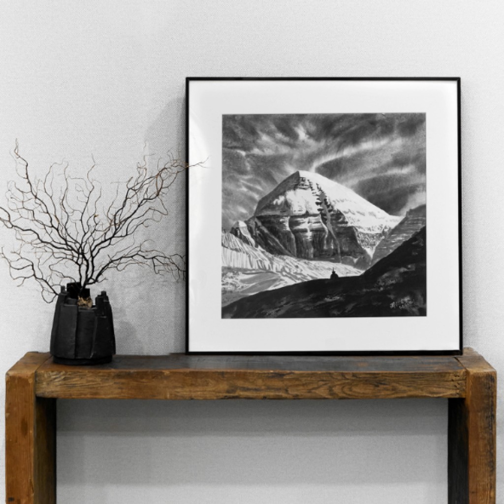 Cuadro tibetano en tinta del Monte Kailash - Pintura original a mano del artista Zhang Jin