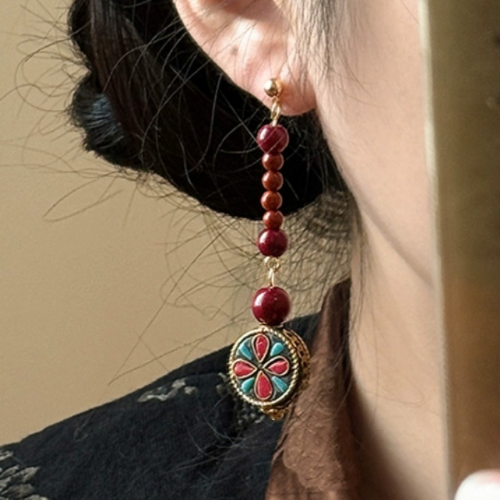 Pendientes estilo tibetano con cuentas de cobre y bodhi Tíbet Plaza