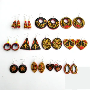 Pendientes pintados a mano de Liangshan – joyas artesanales nuosu de madera lacada