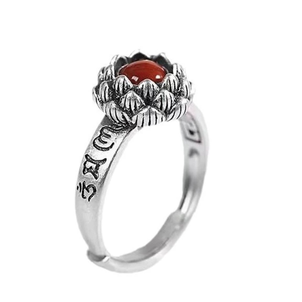 Anillo estilo tibetano ajustable con flor de loto y mantra grabado