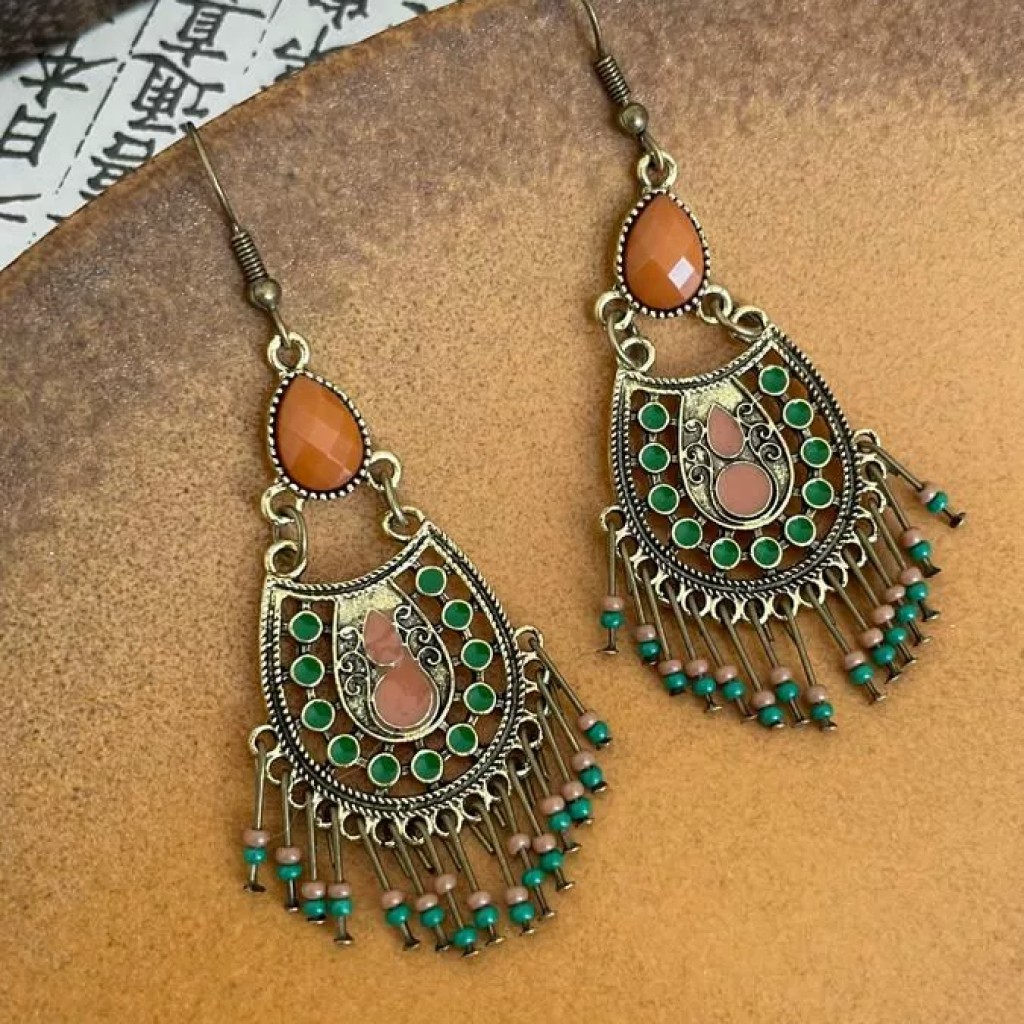 Pendientes con flecos metálicos estilo Xinjiang - diseño bohemio y turquesa